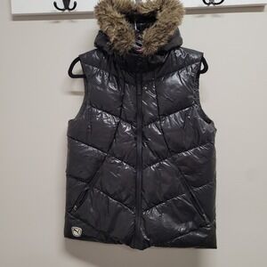 Puma Womens Metallic Black Down Fill Puffer Vest Faux Fur Hood Hooded Size M